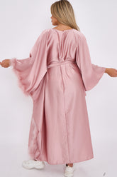 WOMENS SATIN BELTED DRESS WITH FEATHERS PINK